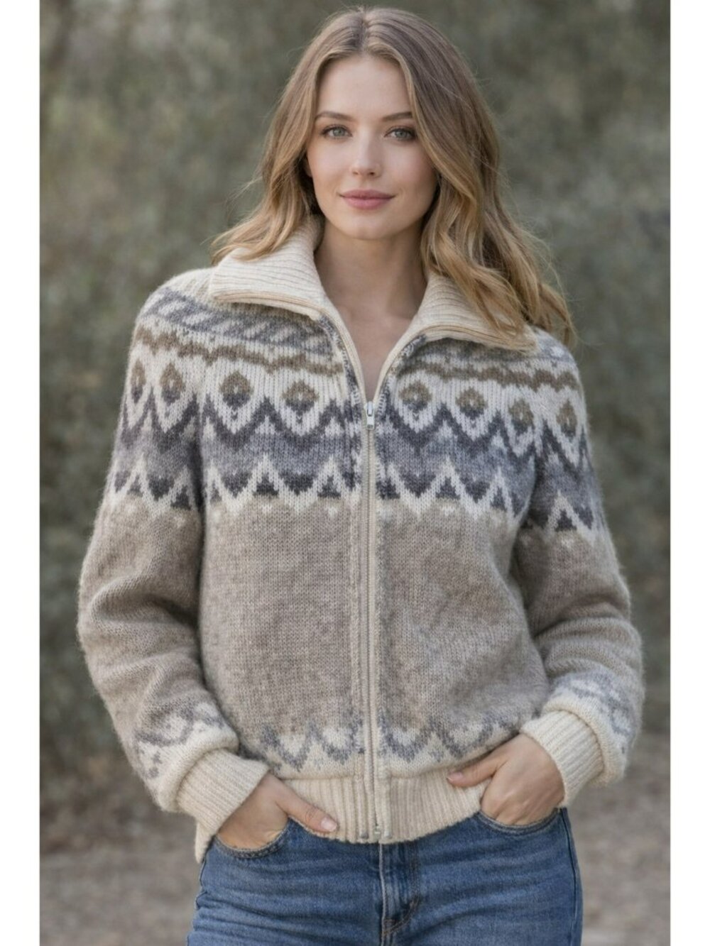 Vintage Hilda Ltd Iceland 100% Wool Zip Up Sweater Jacket Nordic Fair Isle Women